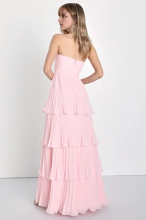 Robe Weitese rose clair, robe longue bustier à volants, robe de soirée trapèze sans manches, col en cœur, robe de bal